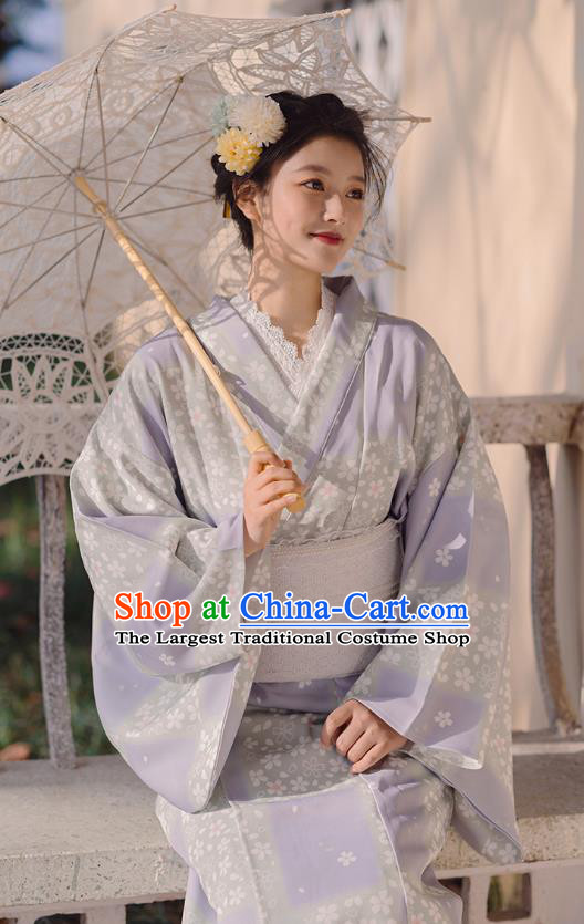 Japanese Traditional Young Lady Yukata Dress Asian Japan Printing Sakura Lilac Kimono Fashion