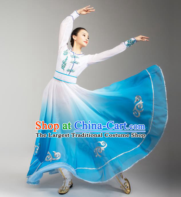 China Traditional Mongol Nationality Stage Performance Clothing Mongolian Ethnic Woman Dance Blue Dress