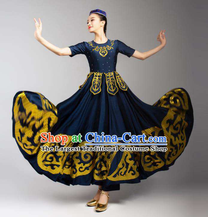 China Mongolian Ethnic Woman Dance Navy Dress Traditional Mongol Nationality Stage Performance Clothing