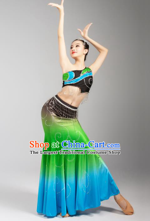 China Yunnan Ethnic Folk Dance Green Skirt Outfits Traditional Dai Nationality Peacock Dance Performance Clothing