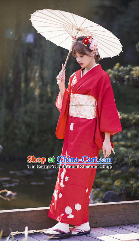 Japanese Traditional Hanabi Taikai Printing Red Yukata Dress Asian Japan Young Lady Kimono Clothing