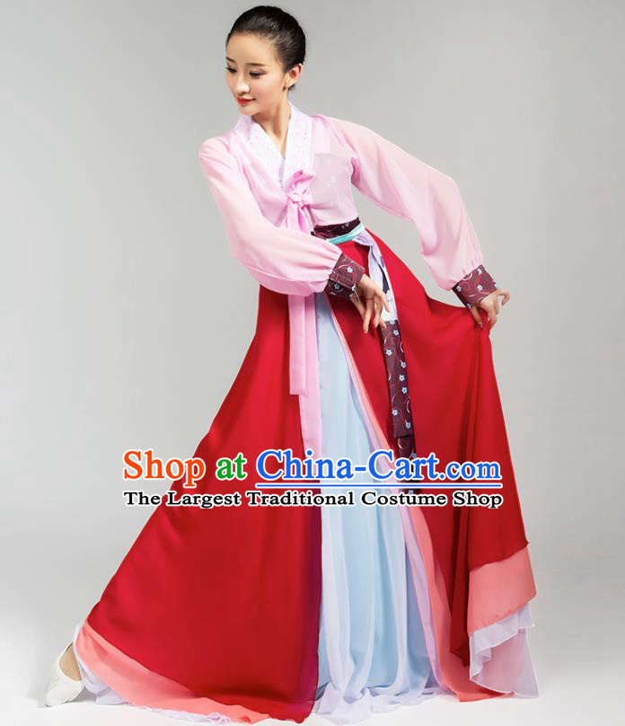 China Korean Ethnic Folk Dance Pink Blouse Red Dress Outfits Traditional Nationality Stage Performance Clothing