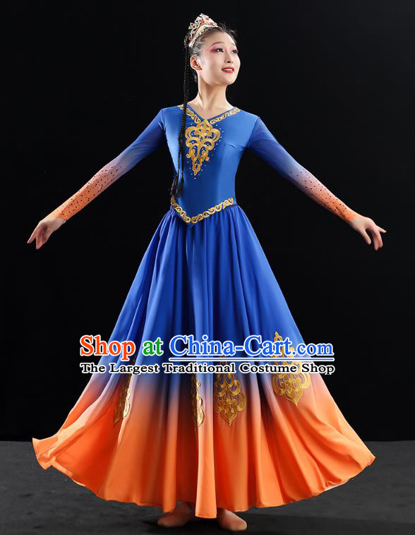 China Traditional Uyghur Nationality Folk Dance Clothing Xinjiang Ethnic Stage Performance Blue Dress Outfits