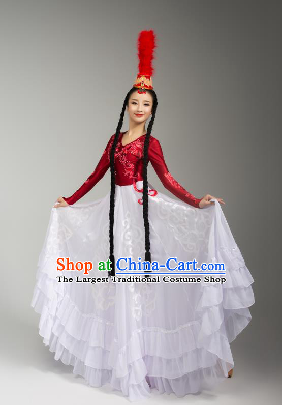 China Xinjiang Ethnic Folk Dance White Dress Outfits Traditional Uygur Nationality Performance Clothing and Headwear