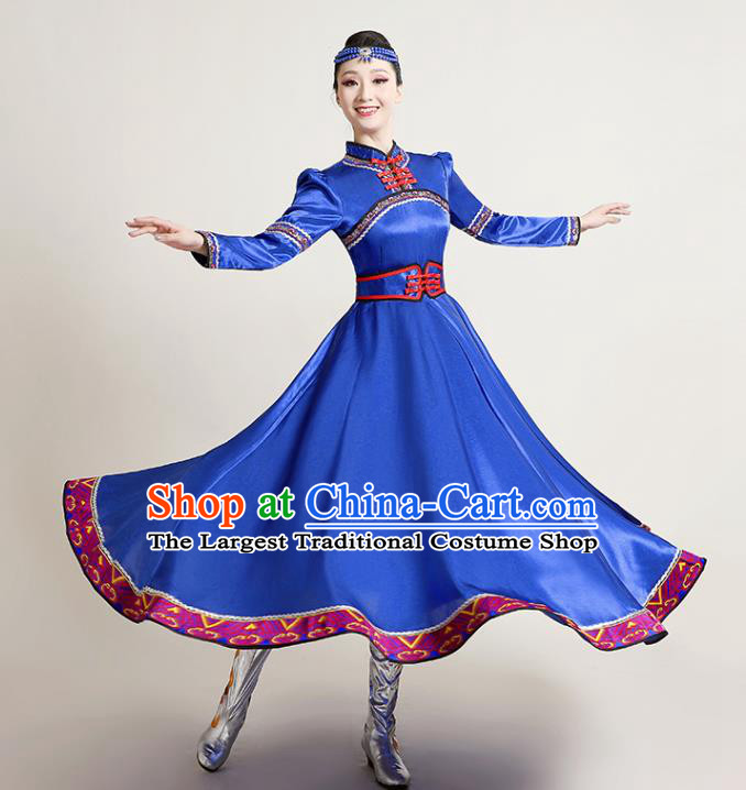 Chinese Traditional Mongol Nationality Royalblue Dress Mongolian Ethnic Folk Dance Costume