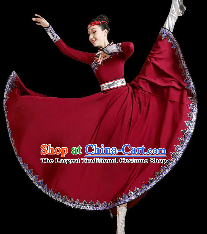 Chinese Mongolian Dance Wine Red Dress Traditional Mongol Nationality Outfits Ethnic Folk Dance Costume