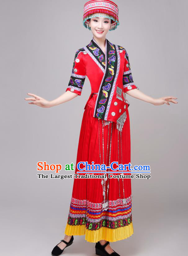 Chinese Zhuang Nationality Performance Red Dress Outfits Traditional Guangxi Ethnic Minority Folk Dance Costume