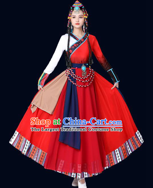 Chinese Xizang Zang Ethnic Folk Dance Costume Traditional Tibetan Nationality Stage Performance Red Dress