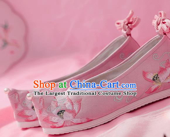 China Traditional Hanfu Bow Shoes Embroidered Lotus Shoes Ancient Princess Pink Cloth Shoes