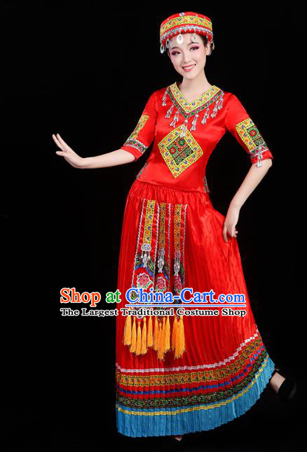 Chinese Yunnan Yi Ethnic Minority Folk Dance Costume Traditional Miao Nationality Dance Red Dress Outfits