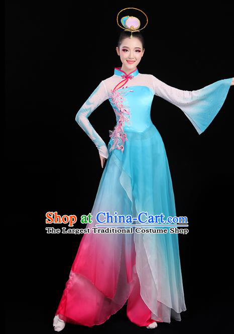 Chinese Classical Dance Costumes Umbrella Dance Embroidered Blue Dress Traditional Performance Clothing