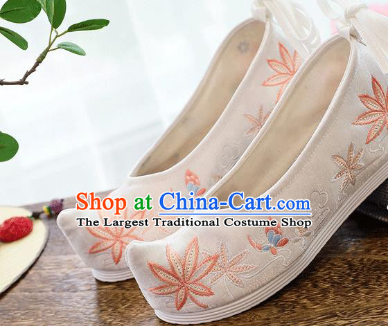 China Embroidered Maple Leaf Shoes Handmade White Cloth Shoes Traditional National Woman Shoes