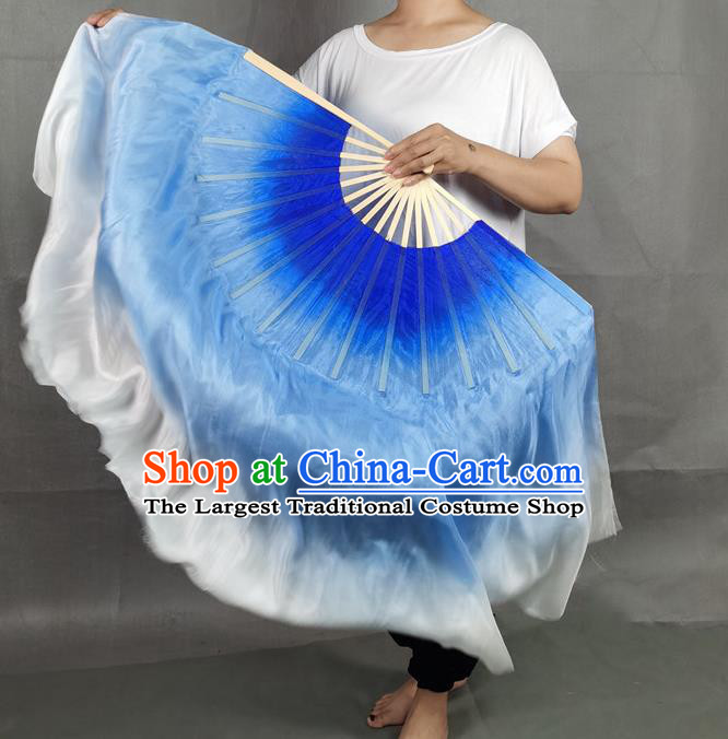 China Yangko Dance Folding Fan Blue Long Ribbon Prop Fan Classical Dance Silk Fan