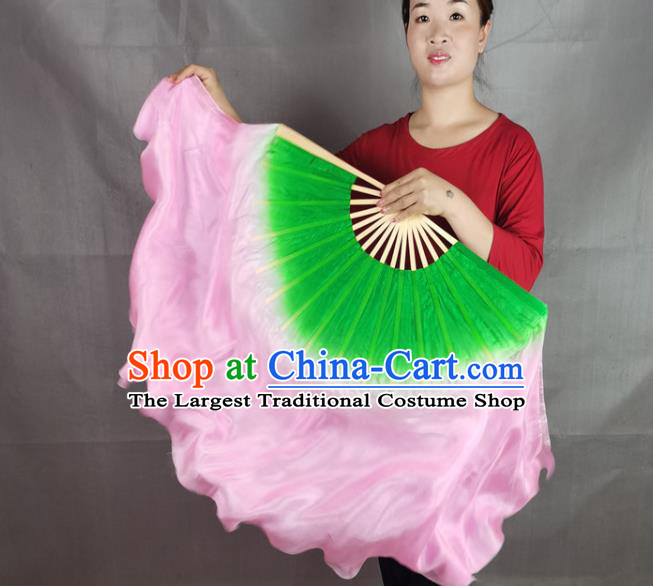 China Lotus Dance Silk Fan Yangko Dance Bamboo Fan Pink Silk Long Ribbon Folding Fan