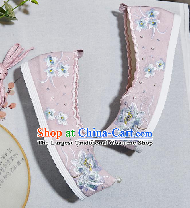 China Embroidered Lotus Pink Shoes National Bow Shoes Traditional Princess Hanfu Pearls Shoes