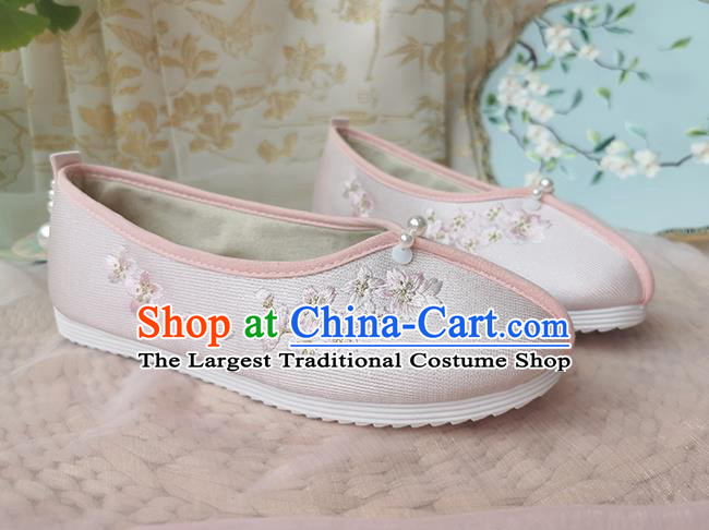 China Traditional Hanfu Pink Cloth Shoes Song Dynasty Pearls Embroidered Shoes Ancient Young Lady Shoes