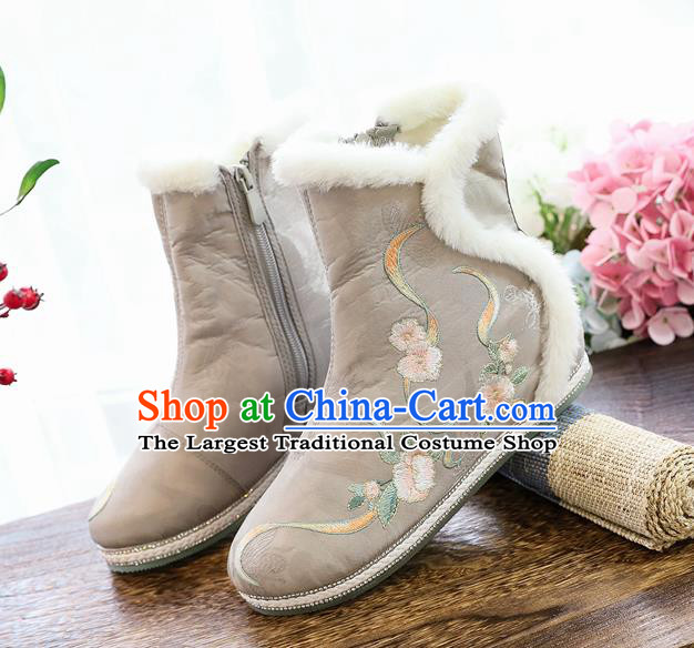 Chinese National Winter Boots Traditional Ancient Swordswoman Shoes Embroidered Grey Cloth Boots