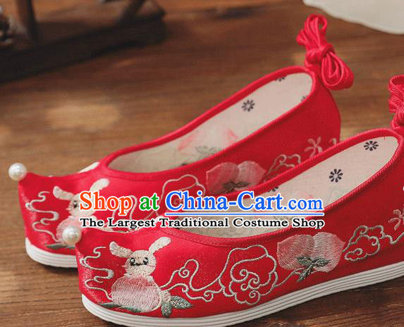 China Handmade Wedding Red Cloth Bow Shoes Folk Dance Shoes Embroidered Peach Shoes