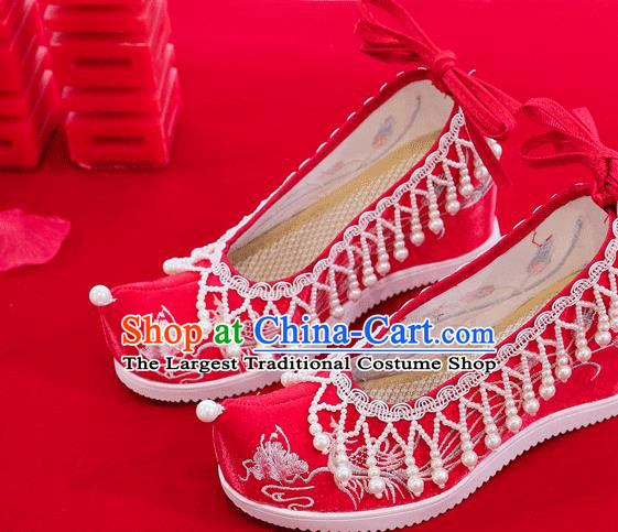 China Traditional Wedding Bride Shoes Handmade Pearls Tassel Wedge Shoes Red Embroidered Shoes