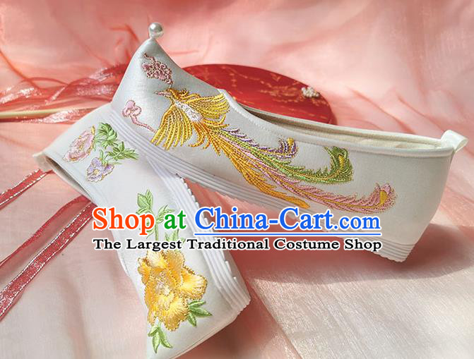 China Traditional Ming Dynasty Hanfu Shoes Ancient Princess White Shoes Classical Embroidered Phoenix Shoes