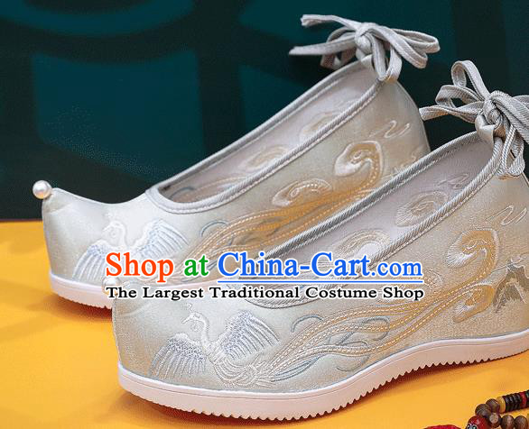 China Embroidered Phoenix Shoes Traditional Hanfu Light Green Satin Shoes Handmade Folk Dance Wedge Shoes