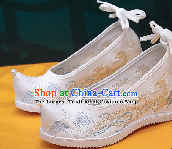 China Handmade Folk Dance Wedge Shoes Embroidered Phoenix Shoes Traditional Hanfu White Satin Shoes