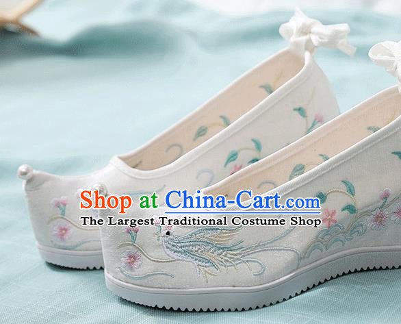 China Handmade Folk Dance Wedge Shoes National Woman Shoes Traditional Hanfu Embroidered Phoenix White Cloth Shoes