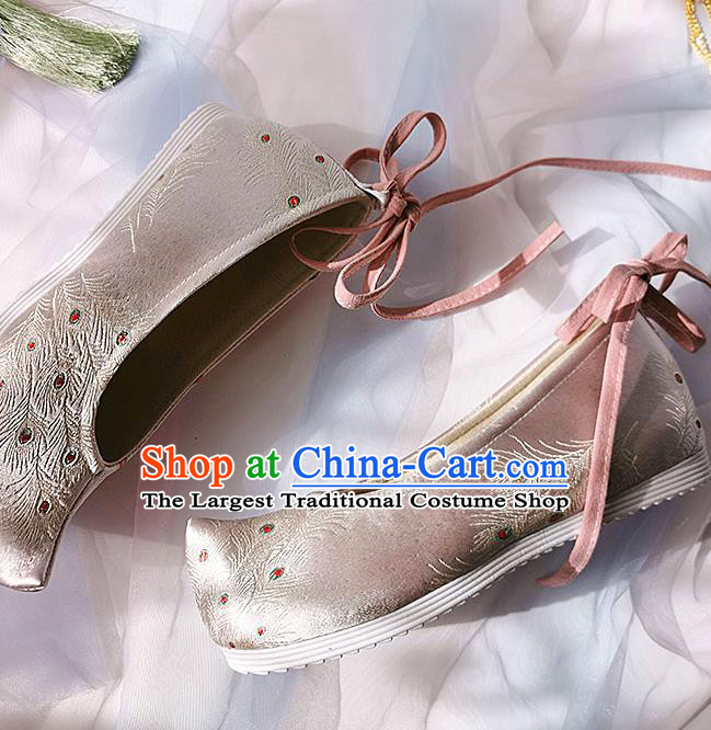 China Classical Pink Brocade Shoes Traditional Hanfu Embroidered Peacock Feather Shoes Ancient Princess Shoes