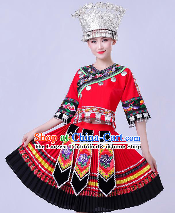 China Miao Nationality Performance Clothing Xiangxi Minority Folk Dance Outfits Hmong Ethnic Red Short Dress and Headwear