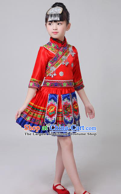 Chinese Yi Ethnic Folk Dance Red Short Dress Outfits Zhuang Nationality Girl Costumes