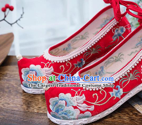 China Traditional Wedding Shoes National Embroidered Peony Shoes Handmade Bride Red Cloth Shoes