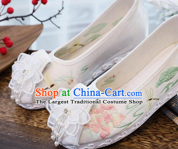 China Traditional Xiuhe Lace Flower Shoes Embroidered Lotus Shoes Handmade Folk Dance Shoes