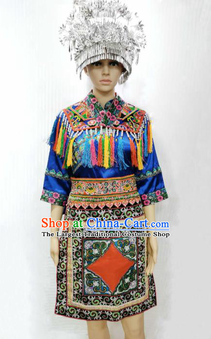 China Guizhou Minority Costumes Guangxi Ethnic Folk Dance Blue Dress Dong Nationality Clothing and Headwear