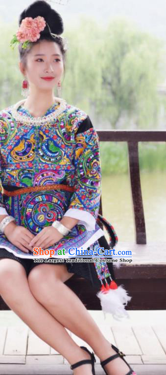 China Xiangxi Minority Folk Dance Outfits Ethnic Female Performance Dress Tujia Nationality Clothing and Hair Accessories