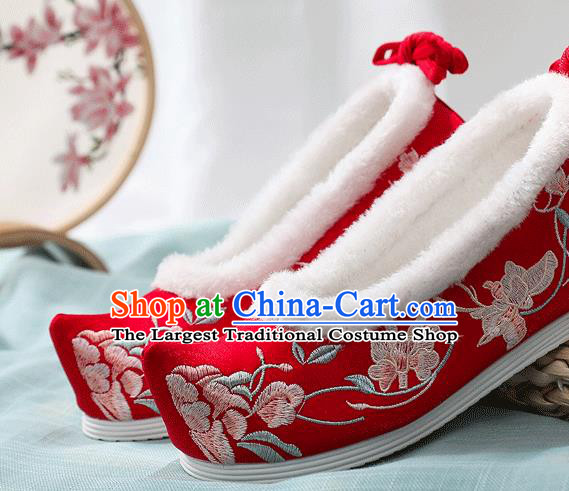 China National Winter Cotton Shoes Handmade Red Cloth Hanfu Shoes Traditional Wedding Embroidered Shoes