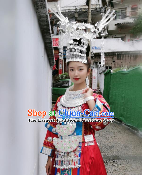 China Hmong Ethnic Woman Red Dress Miao Nationality Wedding Clothing Xiangxi Minority Performance Costumes and Silver Hair Accessories