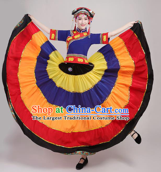 China Yi Nationality Folk Dance Costumes Yi Minority Torch Festival Dress Traditional Guangxi Ethnic Performance Outfits and Hat