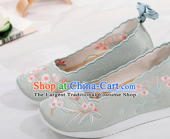 China Folk Dance Platform Shoes Embroidered Plum Fan Light Green Cloth Shoes Traditional Shoes