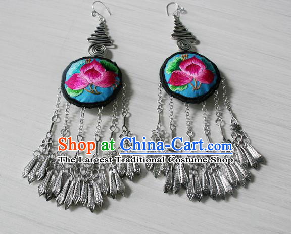 China Traditional Miao Nationality Ethnic Embroidered Lotus Earrings National Cheongsam Silver Tassel Ear Accessories