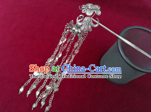 Chinese Miao Ethnic Folk Dance Hair Accessories Traditional Hmong Nationality Silver Tassel Hairpin