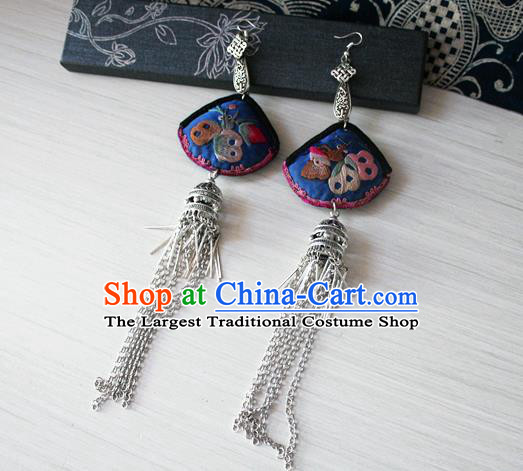 China Guizhou Miao Silver Earrings Traditional Cheongsam Embroidered Blue Ear Jewelry