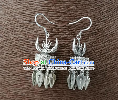 China Guizhou Ethnic Silver Ox Horn Earrings Traditional Miao Nationality Wedding Ear Accessories