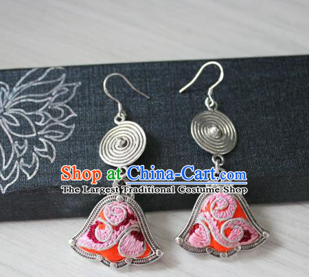 China Guizhou Hmong Ethnic Silver Earrings Traditional Miao Nationality Embroidered Ear Accessories