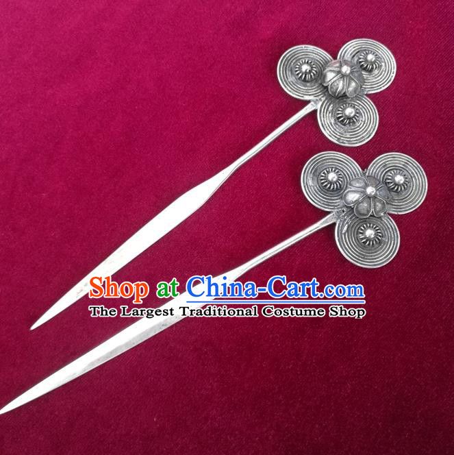 Chinese Traditional Hmong Nationality Silver Camellia Hairpin Miao Ethnic Folk Dance Hair Accessories