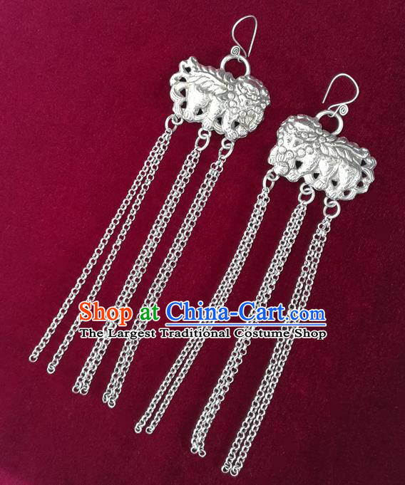 China National Ethnic Silver Lion Tassel Earrings Traditional Cheongsam Ear Jewelry