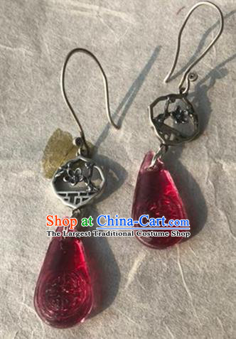 China Handmade National Garnet Earrings Traditional Cheongsam Silver Plum Blossom Ear Accessories