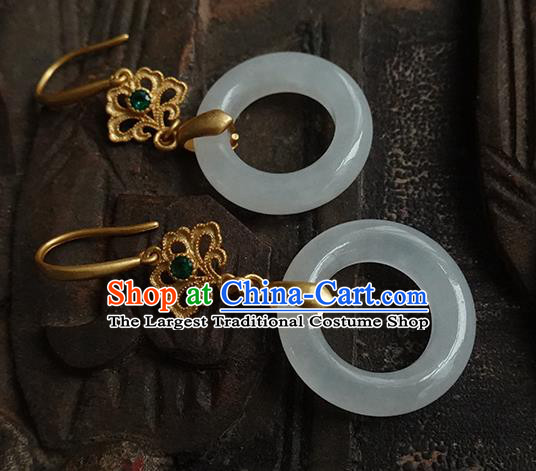 China Handmade National White Jade Ring Earrings Traditional Cheongsam Golden Ear Jewelry