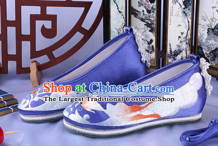 China Classical Dance Shoes National Embroidery Goldfish Shoes Traditional Handmade Blue Cloth Shoes