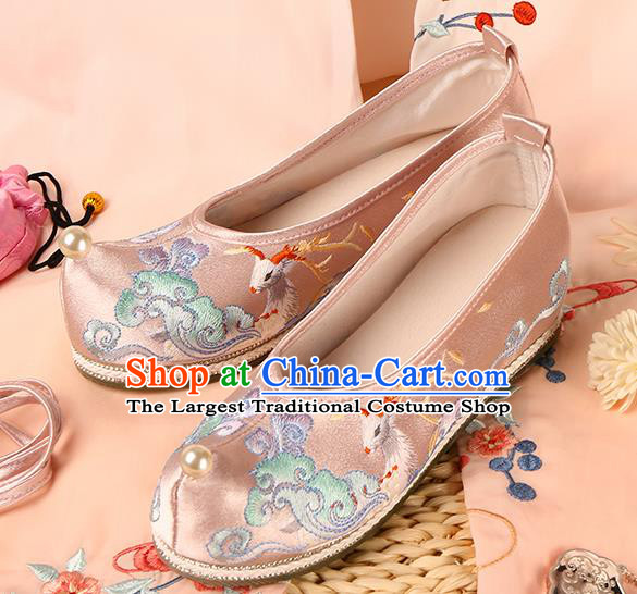 Chinese Embroidered Deer Pink Satin Shoes Traditional Footwear Hanfu Shoes Ancient Ming Dynasty Princess Shoes