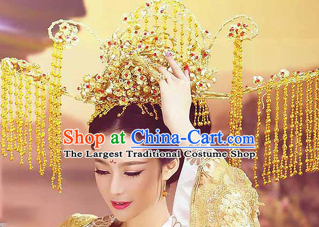 Chinese Traditional Wedding Phoenix Coronet Ancient Queen Golden Tassel Hair Crown Accessories